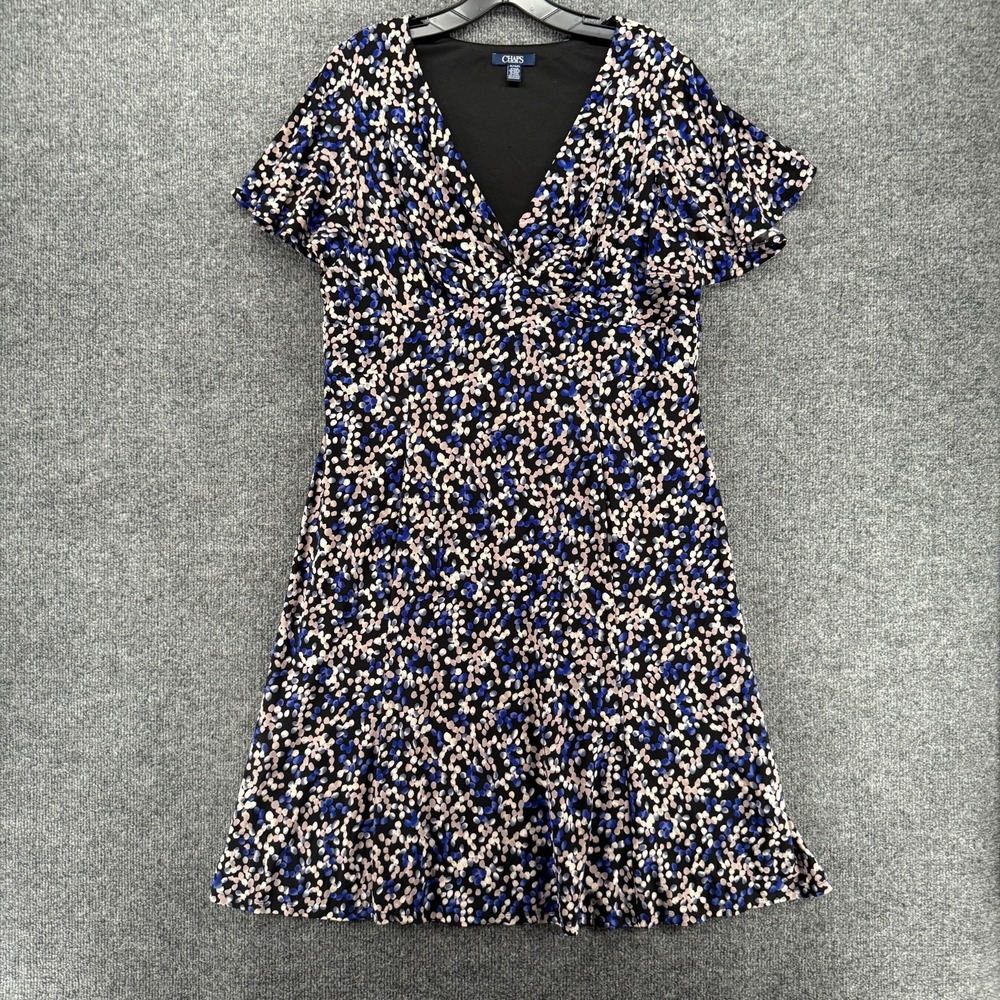 Chaps Dress Womens XL Black Blue Polka Dots V-Neck‎ Fit Flare Cocktail Modest